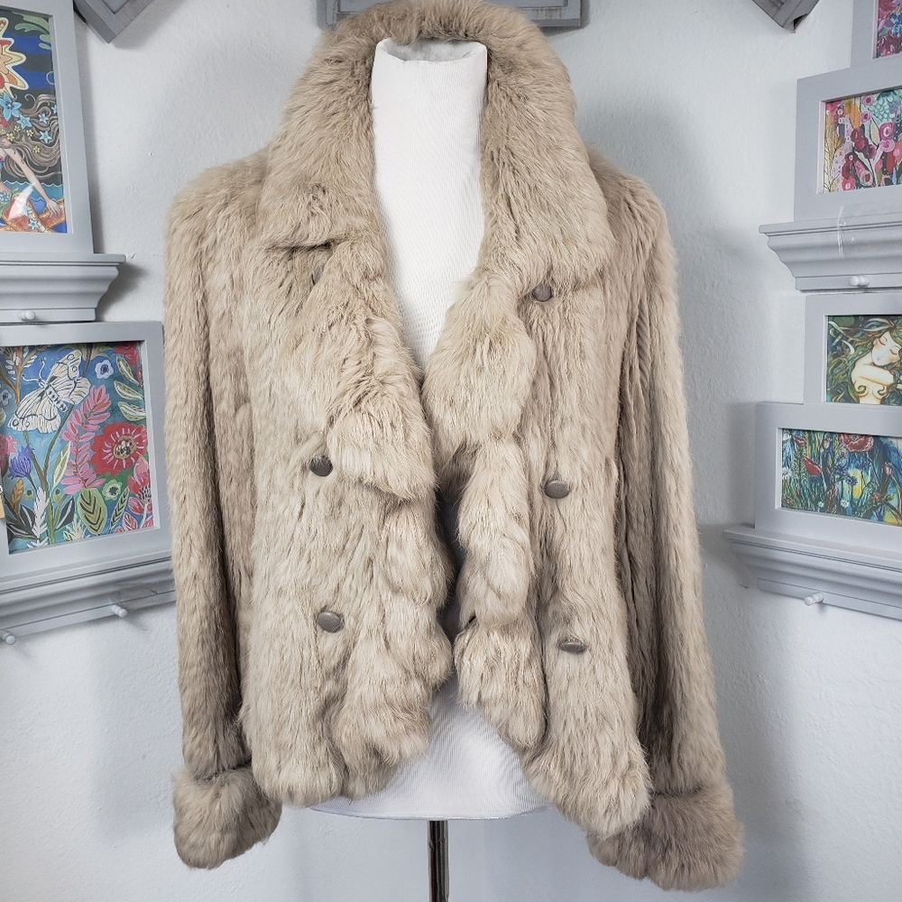 Rabbit Fur with Leather trim Coat Jacket Pockets sz Small